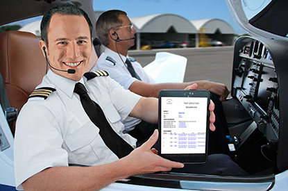 Copilot holding iPad showing pilot briefing with CST Flight Status Check
